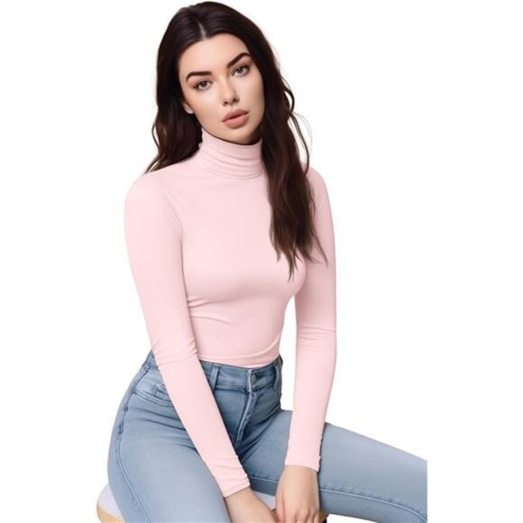 Long Sleeve Turtleneck Women Stretch/Short Sleeve Tops Fitted Tee Shirt - Picture 2 of 7